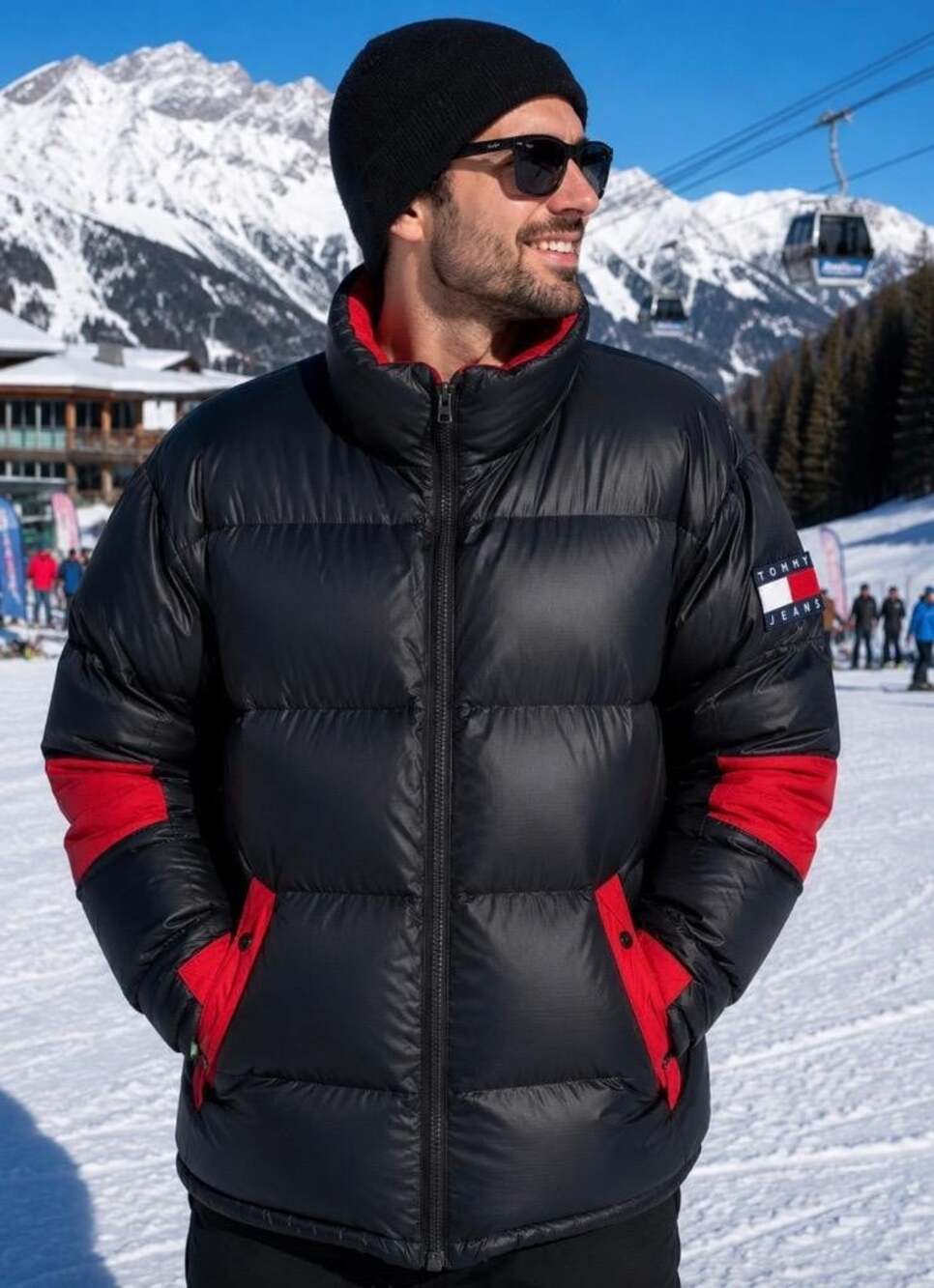 Tommy Hilfiger Jeans Goose Down Puffer Jacket Men XL Black Red Spell Out VTG 90s